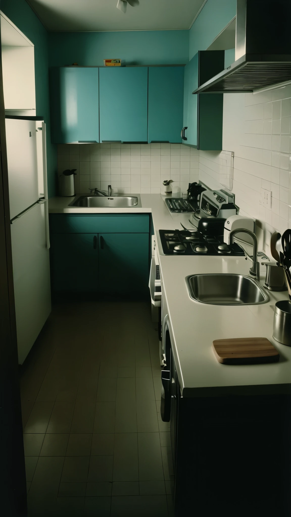 there is a kitchen with a stove, sink, and window, a still life inspired by Gregory Crewdson, flickr, hyperrealism, 7 0's kitchen, 1 9 8 0 s analog video, 1 9 7 0 s analog video, vhs colour photography, dark kitchen of an art student, overheard camera view of kitchen, color film still 1 9 7 7