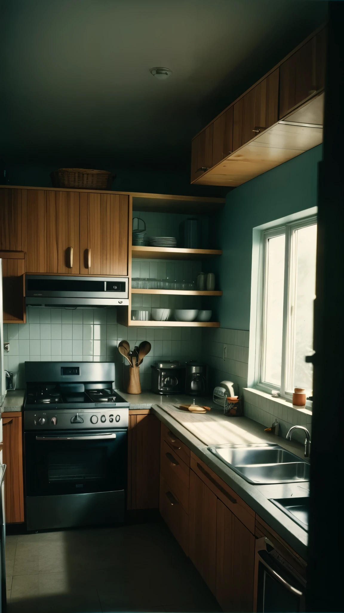 there is a kitchen with a stove, sink, and window, a still life inspired by Gregory Crewdson, flickr, hyperrealism, 7 0's kitchen, 1 9 8 0 s analog video, 1 9 7 0 s analog video, vhs colour photography, dark kitchen of an art student, overheard camera view of kitchen, color film still 1 9 7 7