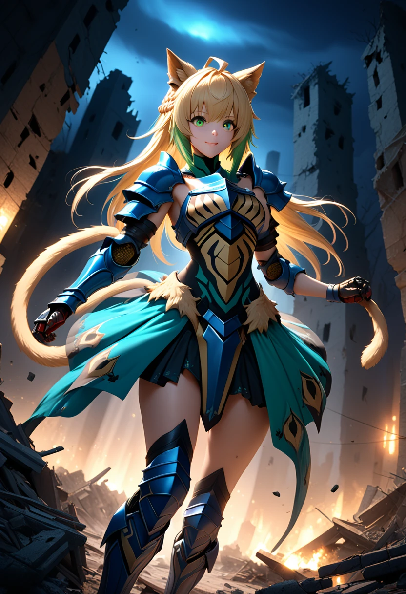 (masterpiece, top quality, best quality, beautiful and aesthetic:1.2), full body, SFW, extremely detailed, detailed eyes, green eyes, detailed hands, cinematic light, depth of field, 1girl, seducing smile, solo, official, (full armored knight:1.4), Atalanta Fate, slim body, blonde cat tail, cinematic lighting, dramatic lighting, dramatic atmosphere, hyper-realistic, high resolution, stunning contrast, high quality, best quality, 8k, 4k, intricately detailed, (amazing details:1.2), highly detailed skin, powerful presence, vibrant colors, (detailed eyes:1.2), striking eyes, (detailed background), (warzone on background, night, ruins), (dynamic angle:1.2), (dynamic pose:1.2)