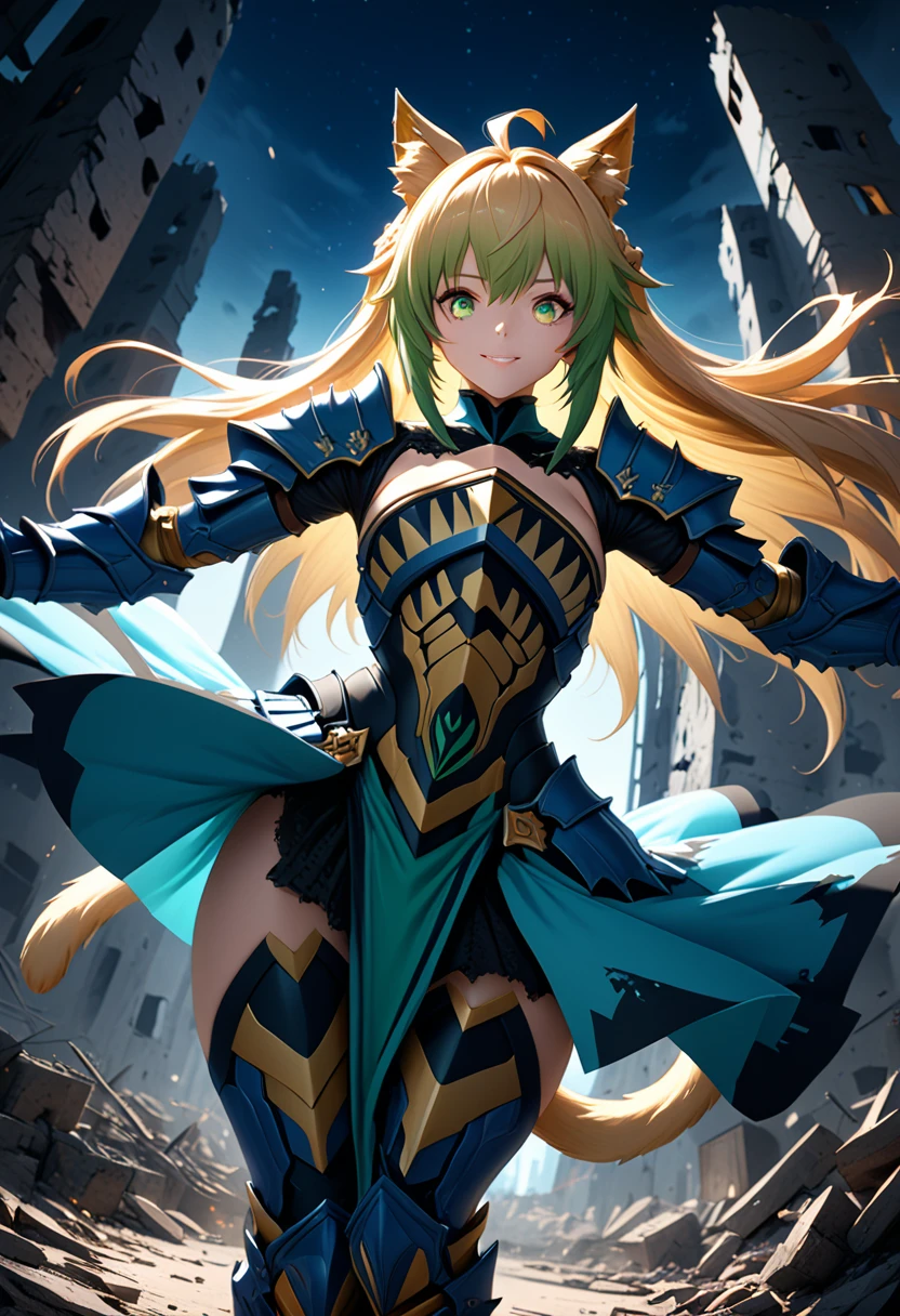 (masterpiece, top quality, best quality, beautiful and aesthetic:1.2), full body, SFW, extremely detailed, detailed eyes, green eyes, detailed hands, cinematic light, depth of field, 1girl, seducing smile, solo, official, (full armored knight:1.4), Atalanta Fate, slim body, blonde cat tail, cinematic lighting, dramatic lighting, dramatic atmosphere, hyper-realistic, high resolution, stunning contrast, high quality, best quality, 8k, 4k, intricately detailed, (amazing details:1.2), highly detailed skin, powerful presence, vibrant colors, (detailed eyes:1.2), striking eyes, (detailed background), (warzone on background, night, ruins), (dynamic angle:1.2), (dynamic pose:1.2)