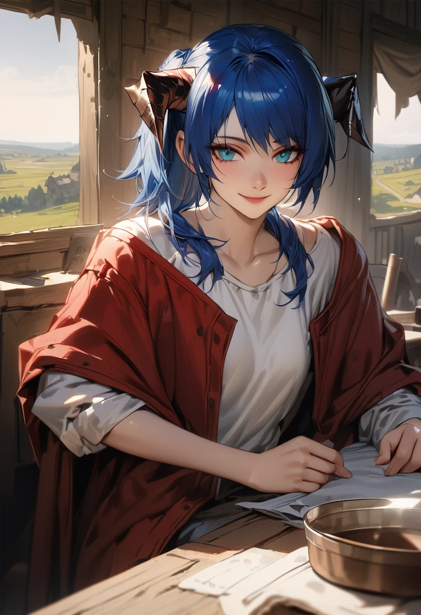 (woman), ((Mostima from arknights)), masterpiece, best quality, blue hair, ((short hair)), ((pony tail hair)), horns, medieval plain white shirt, red fullbody coat, dark blue eyes, realistic anime style, smile, portrait.