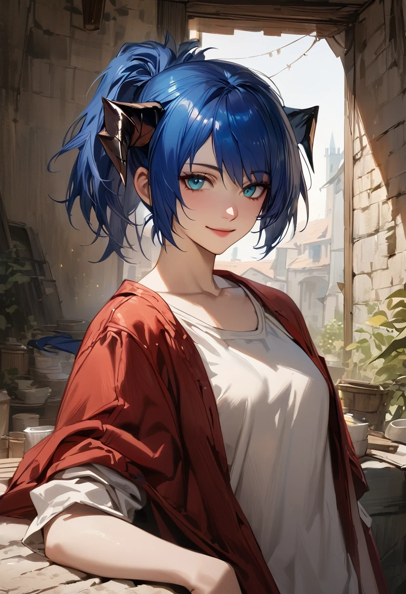 (woman), ((Mostima from arknights)), masterpiece, best quality, blue hair, ((short hair)), ((pony tail hair)), horns, medieval plain white shirt, red fullbody coat, dark blue eyes, realistic anime style, smile, portrait.