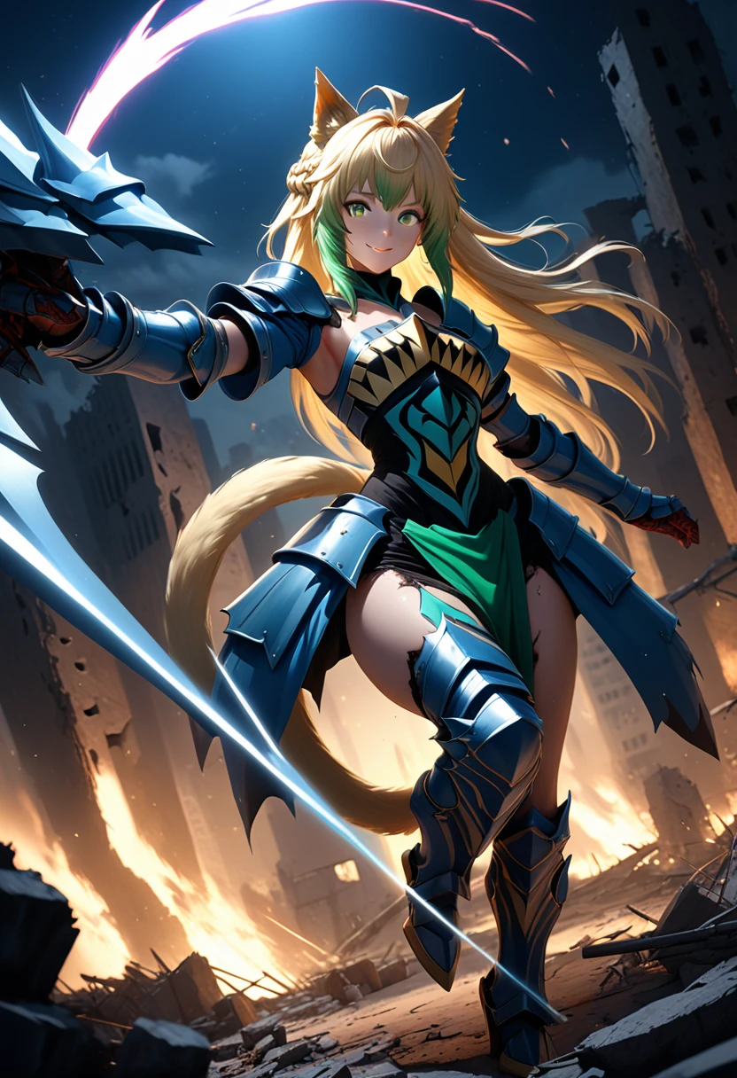 (masterpiece, top quality, best quality, beautiful and aesthetic:1.2), full body, SFW, extremely detailed, detailed eyes, green eyes, detailed hands, cinematic light, depth of field, 1girl, seducing smile, solo, official, (full armored knight:1.4), Atalanta Fate, slim body, blonde cat tail, cinematic lighting, dramatic lighting, dramatic atmosphere, hyper-realistic, high resolution, stunning contrast, high quality, best quality, 8k, 4k, intricately detailed, (amazing details:1.2), highly detailed skin, powerful presence, vibrant colors, (detailed eyes:1.2), striking eyes, (detailed background), (warzone on background, night, ruins), (dynamic angle:1.2), (dynamic pose:1.2)