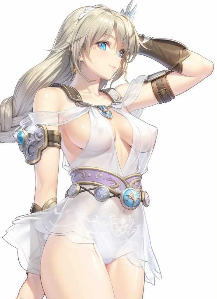 perfect eyes:1.2, detailed eyes:1.4, SoulCaliburSophitia, blue eyes, blonde hair, large breasts, hair ornament, smile, covered nipples, transparent clothes, white dress, long hair, pussy, braided ponytail, 1girl, solo, (masterpiece:1.6, best quality), 8k, insane details, intricate details, hyperdetailed, hyper quality, high detail, ultra detailed, professional, HDR, ray tracing reflection, cinematic lighting,
