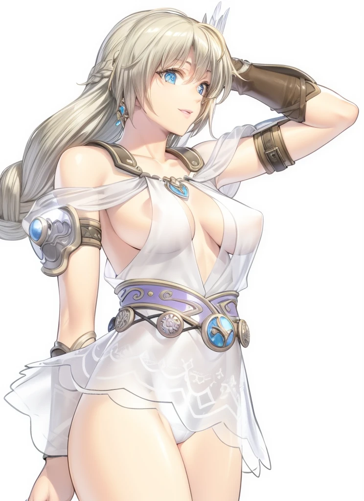 perfect eyes:1.2, detailed eyes:1.4, SoulCaliburSophitia, blue eyes, blonde hair, large breasts, hair ornament, smile, covered nipples, transparent clothes, white dress, long hair, pussy, braided ponytail, 1girl, solo, (masterpiece:1.6, best quality), 8k, insane details, intricate details, hyperdetailed, hyper quality, high detail, ultra detailed, professional, HDR, ray tracing reflection, cinematic lighting,