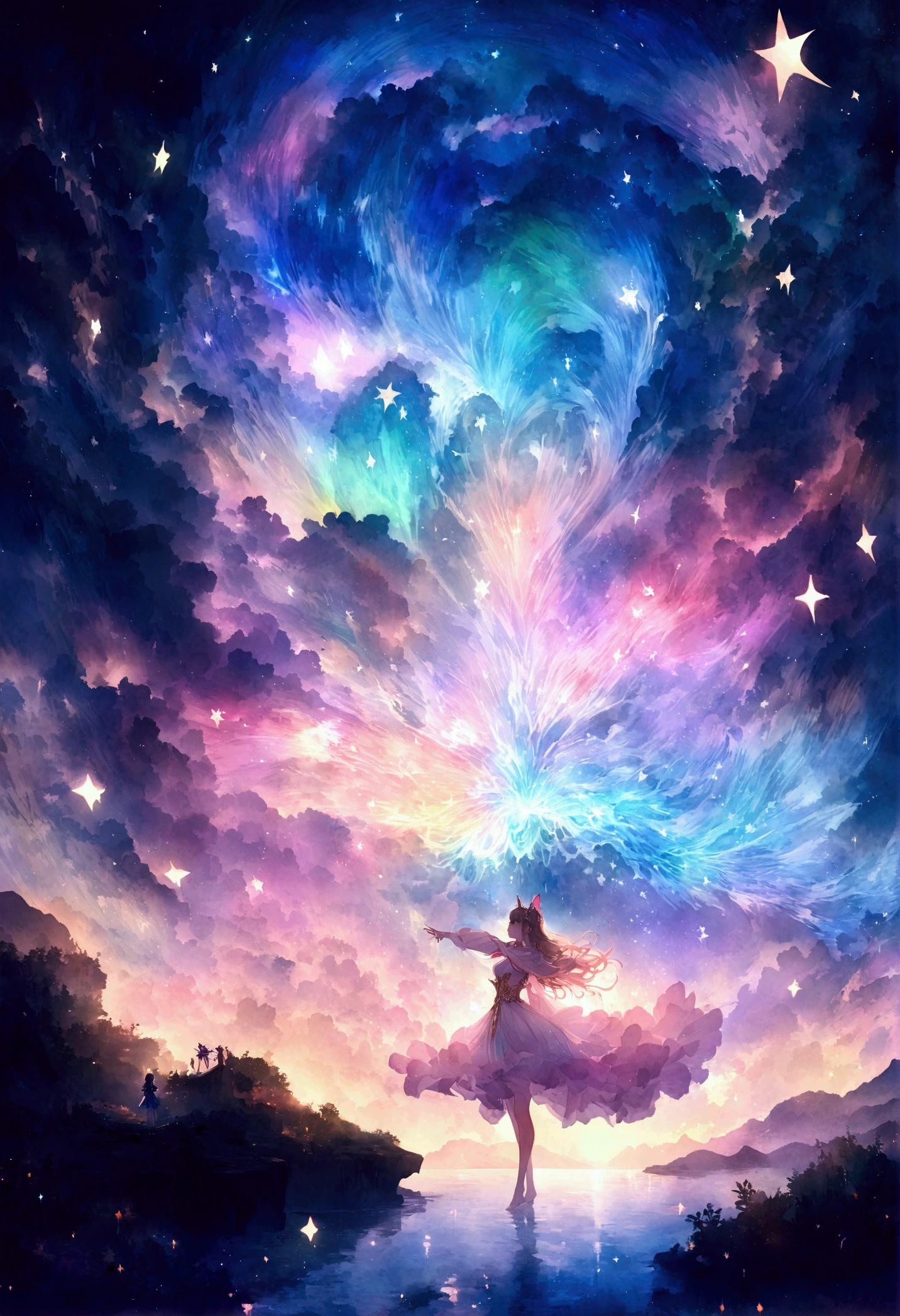 Mysterious glowing spell casting girl, ((Fantasy Rainbow Ocean)), Vibrant colors, Fantastic Light, Detailed speech bubbles, Magical atmosphere, Nice views, Dreamy atmosphere, Sparkling, Roomy robes, The magic touch, Mysterious creatures, ((Sparkling waves)), Mystical symbols, Surreal beauty, haze, There'Magic in the air, A magical moment,Mysterious atmosphere, Whimsical Creatures, Full of charm, Fairy, superpower, Fantasy World