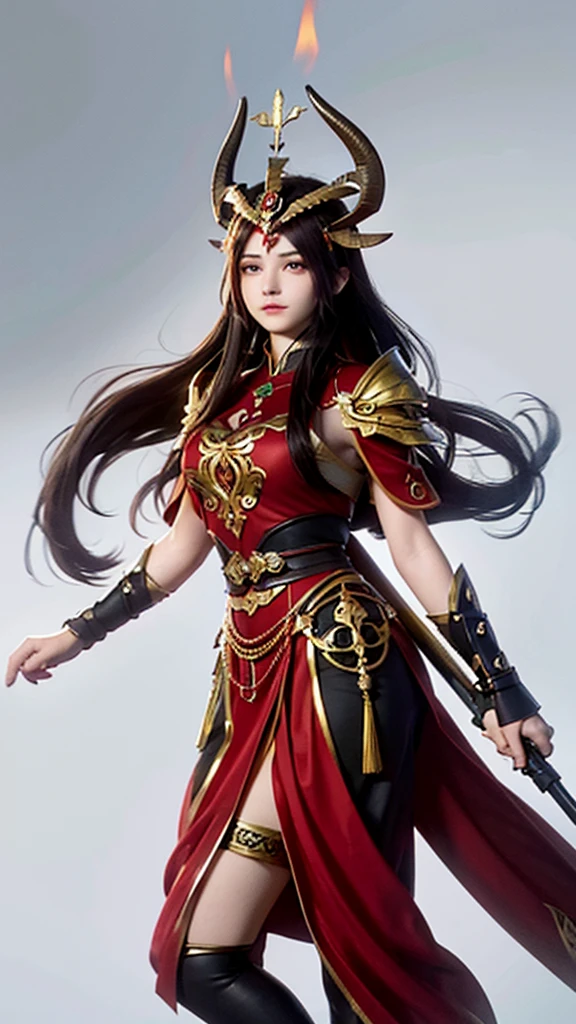 Create a character that embodies the Aries zodiac sign, making it immediately recognizable. The character is a bold and energetic warrior with short, wild red hair and piercing green eyes that reflect their determination. They have a strong, athletic build and fair skin with a few freckles. Dress them in a combination of ancient and modern warrior attire, featuring a prominent red and gold color scheme. Include elements such as a ram's horn helmet or headpiece, a spear, and armor with ram motifs. The background should include flames and a large ram to further emphasize the Aries symbolism. The character should exude confidence and courage, ready to take on any challenge.