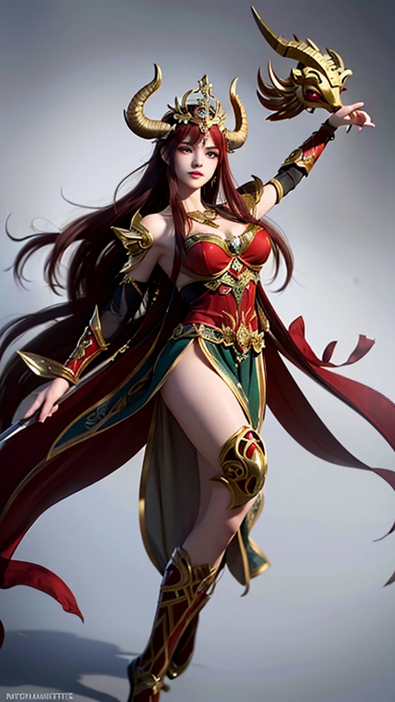 Create a character that embodies the Aries zodiac sign, making it immediately recognizable. The character is a bold and energetic warrior with short, wild red hair and piercing green eyes that reflect their determination. They have a strong, athletic build and fair skin with a few freckles. Dress them in a combination of ancient and modern warrior attire, featuring a prominent red and gold color scheme. Include elements such as a ram's horn helmet or headpiece, a spear, and armor with ram motifs. The background should include flames and a large ram to further emphasize the Aries symbolism. The character should exude confidence and courage, ready to take on any challenge.