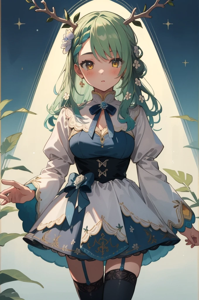 (masterpiece, best quality), intricate details,
(1girl),     Ceres Fauna, antlers, long hair, braided bangs, hair flower,  FaunaBase, long hair, braided bangs, hair flower, blue dress, wide sleeves, single thighhigh, bridal gauntlets,