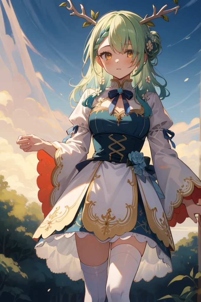 (masterpiece, best quality), intricate details,
(1girl),     Ceres Fauna, antlers, long hair, braided bangs, hair flower,  FaunaBase, long hair, braided bangs, hair flower, blue dress, wide sleeves, single thighhigh, bridal gauntlets,