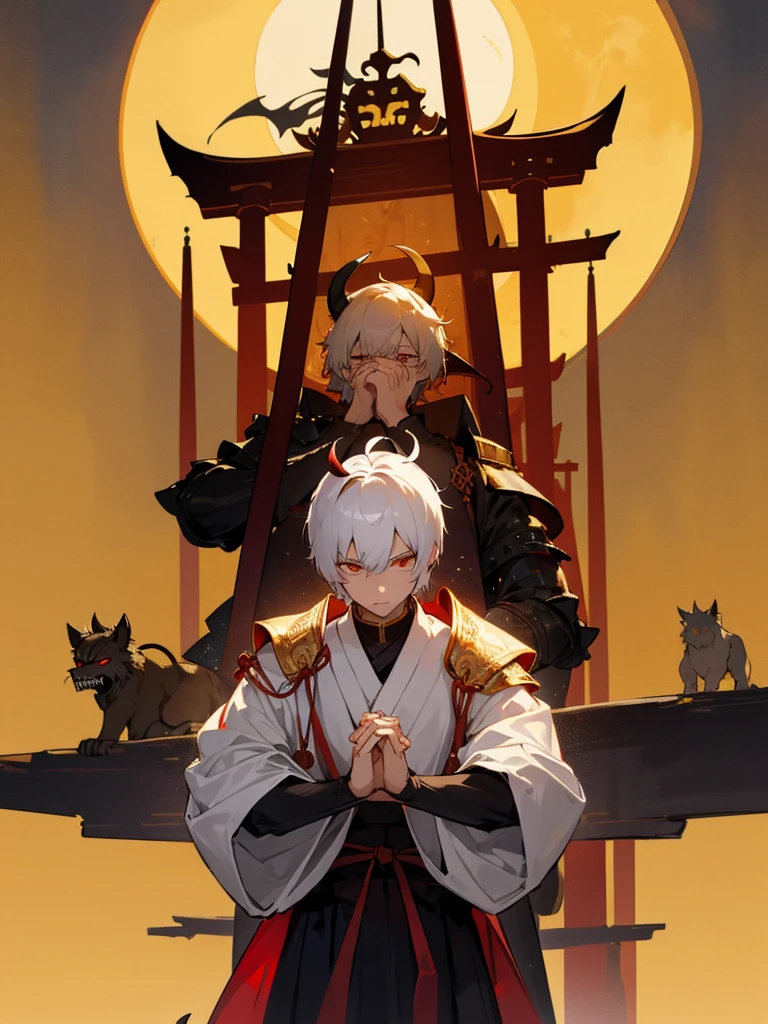 Demon, evil eye, horn, white short hair, black armor, torii gate, man, full moon, hands together in prayer, golden lion