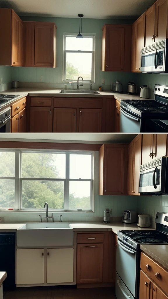 1981 Nebraska, Kodak film effect, huji cam filter, there is a kitchen with a stove, sink, and window, a still life inspired by Gregory Crewdson, flickr, hyperrealism, 7 0's kitchen, 1 9 8 0 s analog video, 1 9 7 0 s analog video, vhs colour photography, dark kitchen of an art student, overheard camera view of kitchen, color film still 1 9 7 7,
