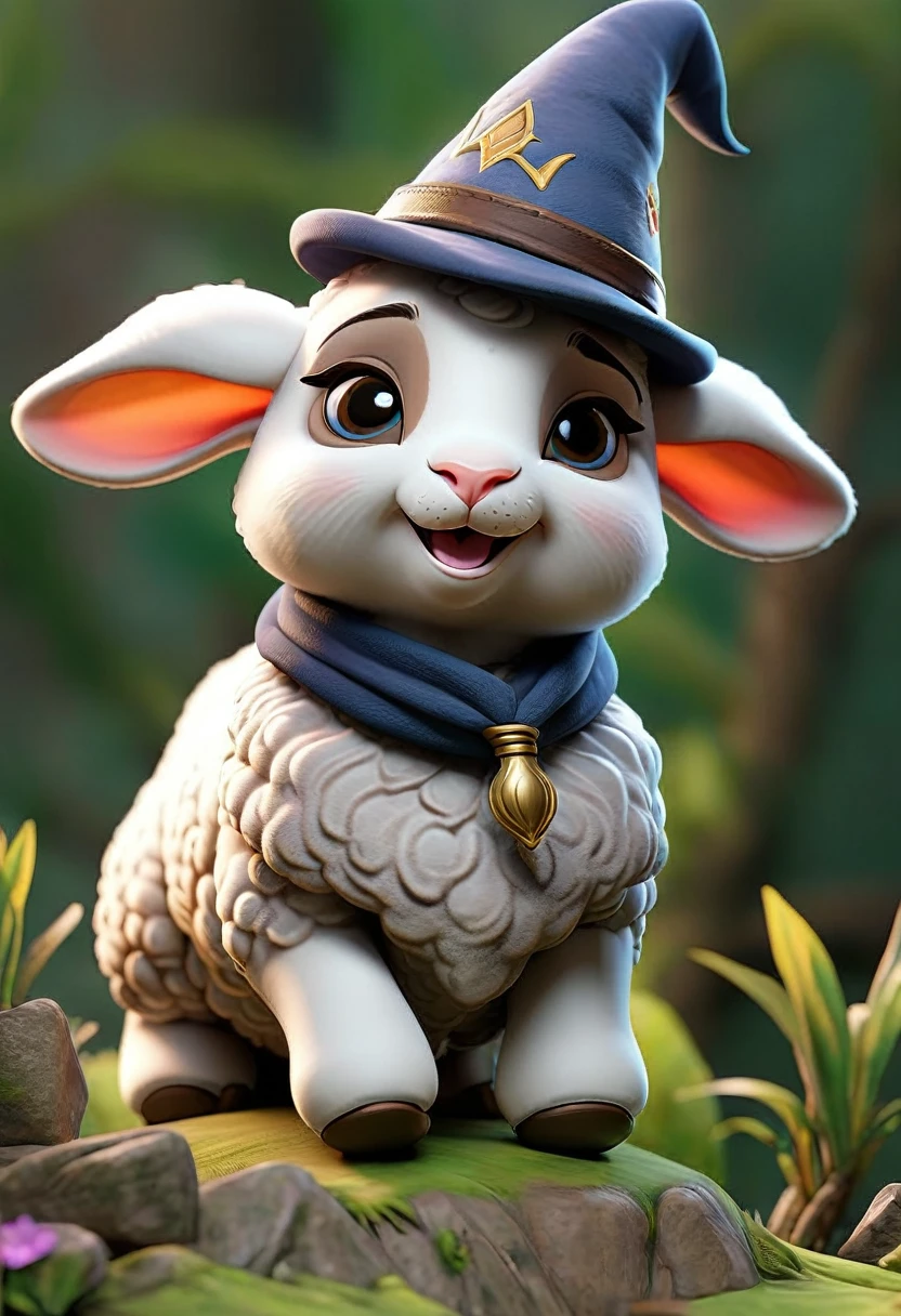 a wizard lamb, he is wizarding, there is nothing and nobody in the scene except the lamb, the environment is a jungle, lamb is on the air, lamb is laughing.