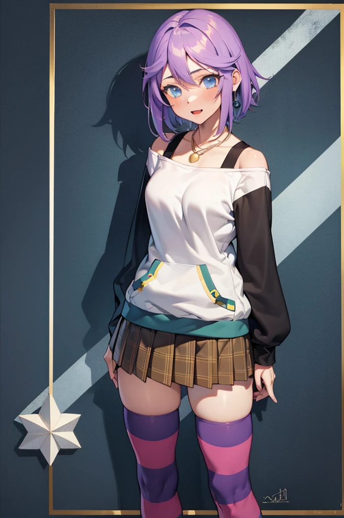 High Quality, Masterpiece, 1girl, Mizore Shirayuki, short hair, off-shoulder sweater, two-tone sweater, plaid skirt, pendant, striped thighhighs, purple thighhighs, 