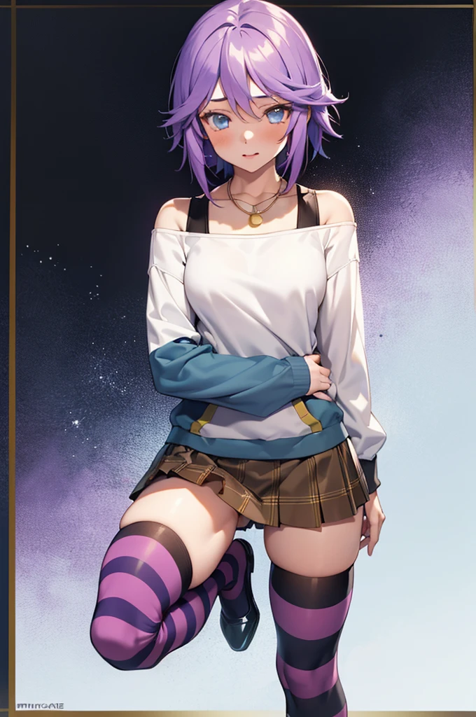 High Quality, Masterpiece, 1girl, Mizore Shirayuki, short hair, off-shoulder sweater, two-tone sweater, plaid skirt, pendant, striped thighhighs, purple thighhighs, 