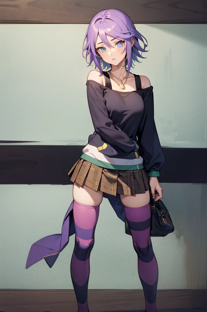 High Quality, Masterpiece, 1girl, Mizore Shirayuki, short hair, off-shoulder sweater, two-tone sweater, plaid skirt, pendant, striped thighhighs, purple thighhighs, 