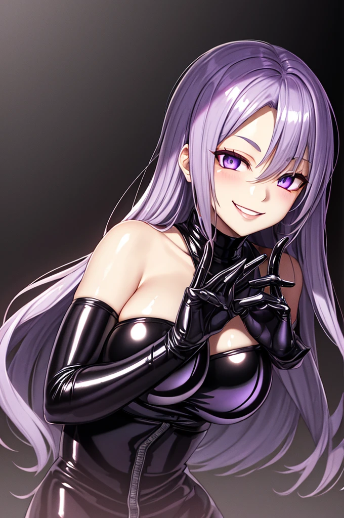 Purple Hair, Long Hair, Purple eyes, Large Breasts,
, alone, Upper Body,
It's the shoulder., Black PVC costume, (black pvc serafuku:1.3), (Black PVC Pleated Skirt:1.1), Black PVC Elbow Gloves, Black PVC thigh-high boots, (Garter Straps:1.2),
Wicked Smile,
Shiny Hair, Shiny skin, (A very wicked smile:1.1), ,,Dark shadowed face,Sadistic smile,Malice,Contempt,smile,latex,Bad face,,,two hands,two legs,five fingers,evil background,elbow gloves,latex, Wicked Smile, devilish aura (Shiny fabric:1.5),Evil Darkness,独奏