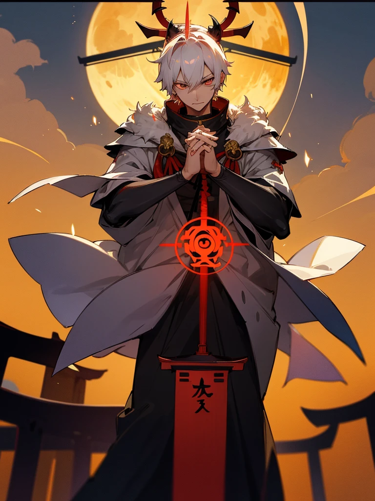 Demon, evil eye, horn, white short hair, black armor, torii gate, man, full moon, hands together in prayer, golden lion