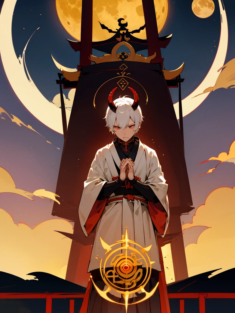 Demon, evil eye, horn, white short hair, black armor, torii gate, man, full moon, hands together in prayer, golden lion