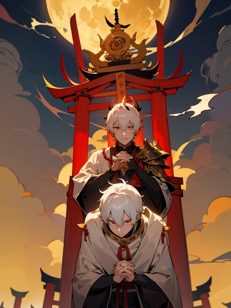 Demon, evil eye, horn, white short hair, black armor, torii gate, man, full moon, hands together in prayer, golden lion