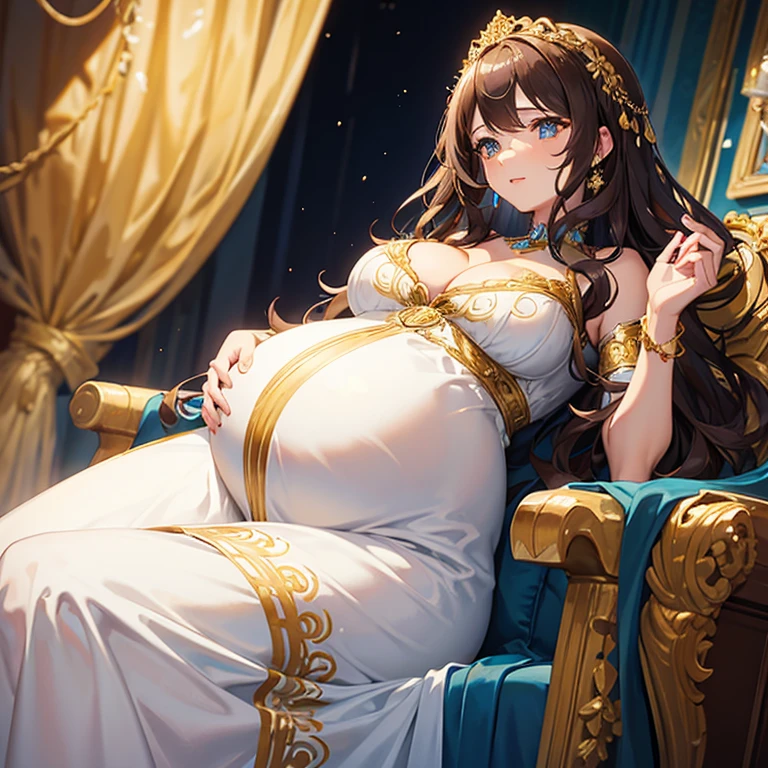 Beautiful pregnant queen, wavy brown hair, ornate white and blue dress with gold details,
