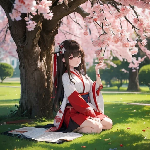 Une jeune fille d'une vingtaine d'annees, brune au cheveux longs, un livre à la main, vêtue d'un kimono court rouge et blanc, vue de corps en entier, debout devant un cerisier japonais. Style manga, animé 