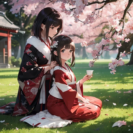 Une jeune fille d'une vingtaine d'annees, brune au cheveux longs, un livre à la main, vêtue d'un kimono court rouge et blanc, vue de corps en entier, debout devant un cerisier japonais. Style manga, animé