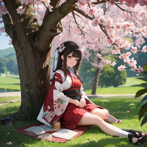 Une jeune fille d'une vingtaine d'annees, brune au cheveux longs, un livre à la main, vêtue d'un kimono court rouge et blanc, vue de corps en entier, debout devant un cerisier japonais. Style manga, animé
