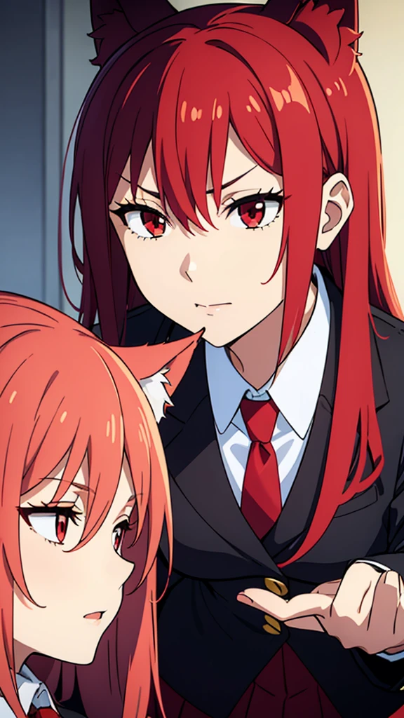 ((beautiful face)),1girl ,20s,mature female,(red hair),long hair,red eyes,fox ears,(simple backfround),serious,necktie,black jacket, blazer,long sleeves,pleated skirt,