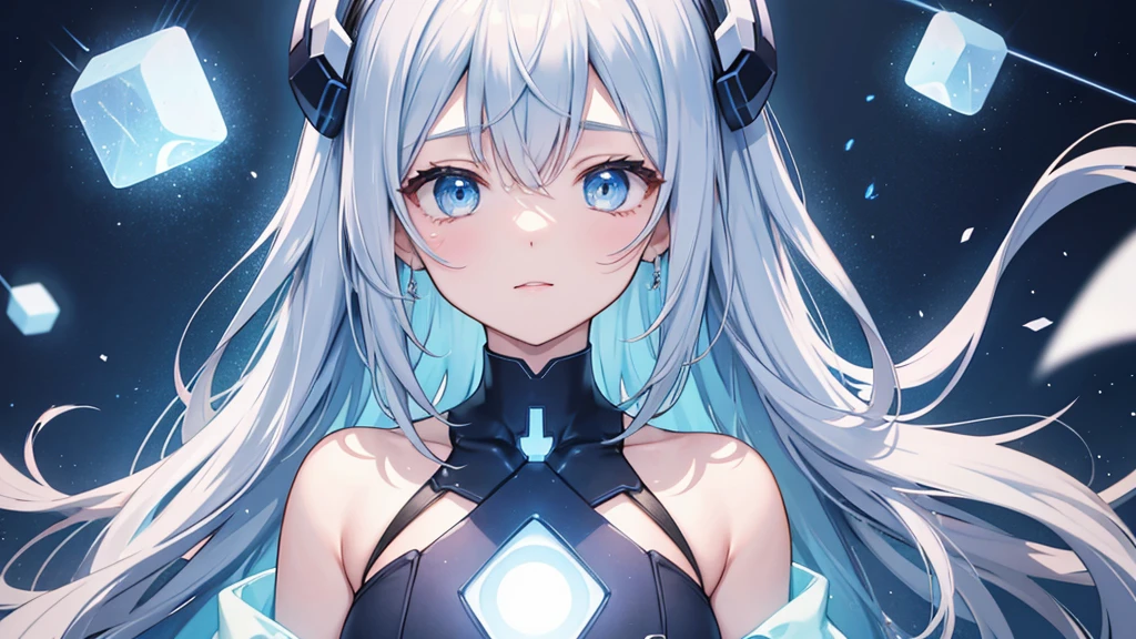 (((Highest quality))), ((masterpiece)), (detailed), One girl, A mysterious space characterized by blue, Sitting on the floor, Mouth wide open with a happy expression, Wearing an off-the-shoulder shirt, Beautiful eyes, Beautiful whites of eyes