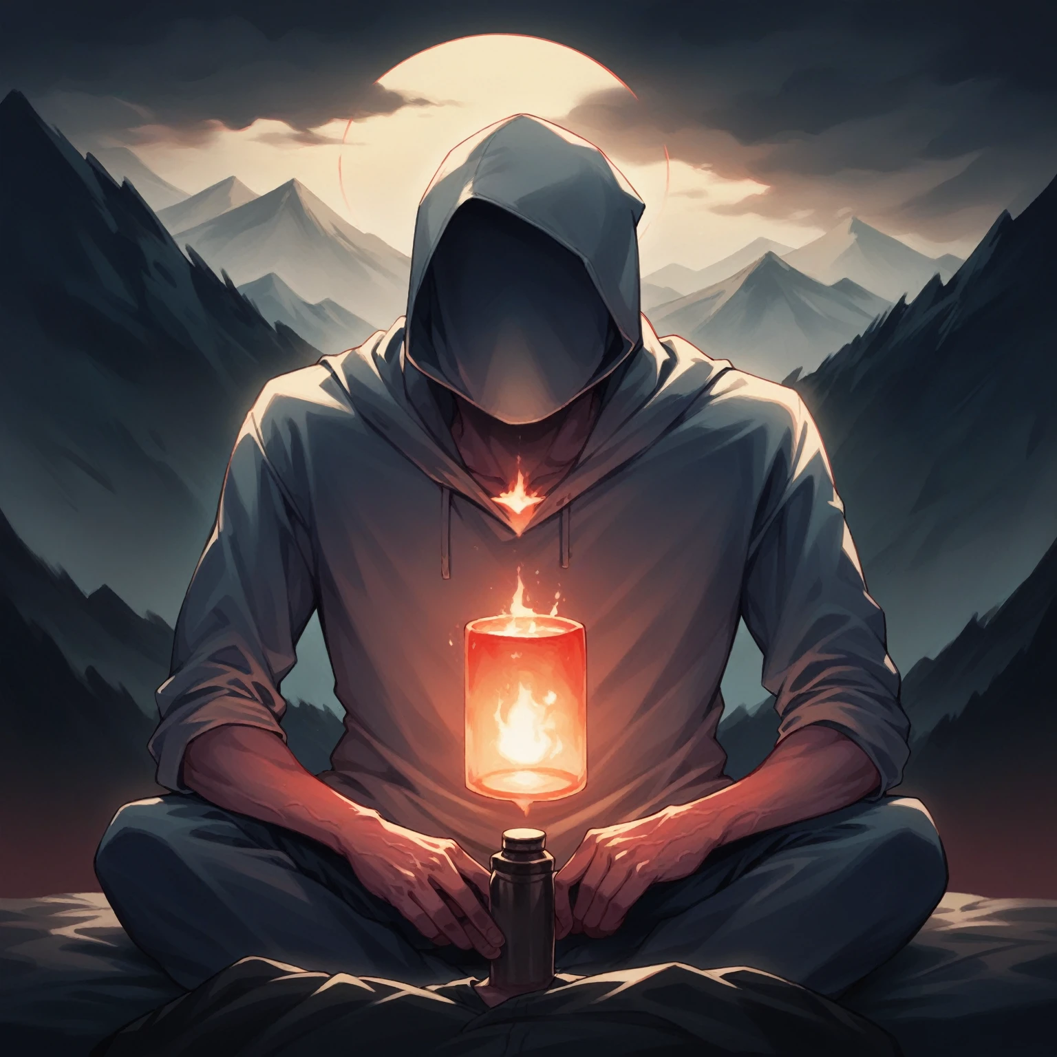 A faceless hooded man sitting in a foggy mountainous setting, holding a glowing hourglass with red light emanating from its center. The hourglass emits an intense glow, illuminating the man&#39;s face and creating a contrast with the dark and dramatic environment in the background, adding a touch of mystery and spirituality to the scene