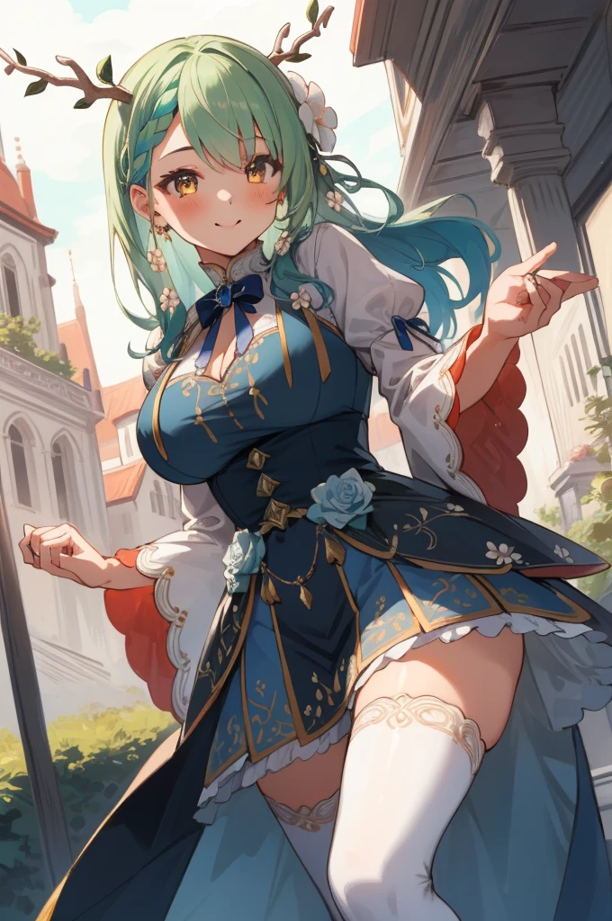 (masterpiece, best quality), intricate details,
(1girl),     Ceres Fauna, antlers, long hair, braided bangs, hair flower,  FaunaBase, long hair, braided bangs, hair flower, blue dress, wide sleeves, single thighhigh, bridal gauntlets,huge breasts,smile