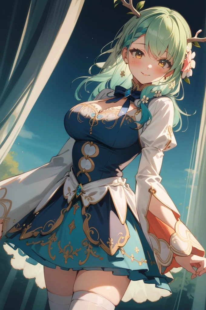 (masterpiece, best quality), intricate details,
(1girl),     Ceres Fauna, antlers, long hair, braided bangs, hair flower,  FaunaBase, long hair, braided bangs, hair flower, blue dress, wide sleeves, single thighhigh, bridal gauntlets,huge breasts,smile