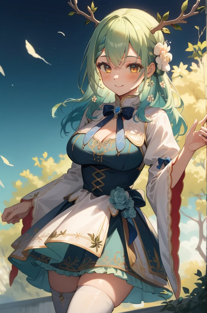 (masterpiece, best quality), intricate details,
(1girl),     Ceres Fauna, antlers, long hair, braided bangs, hair flower,  FaunaBase, long hair, braided bangs, hair flower, blue dress, wide sleeves, single thighhigh, bridal gauntlets,huge breasts,smile