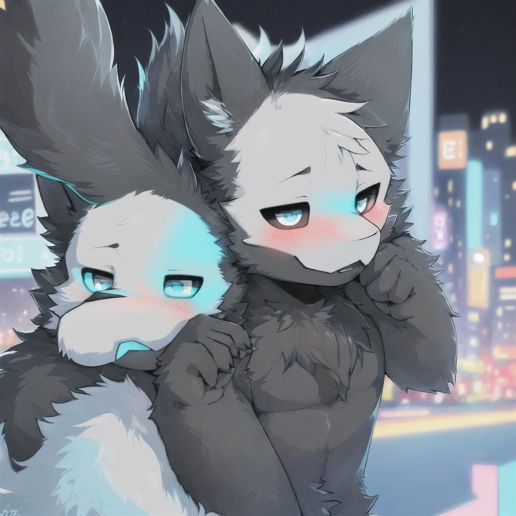 (furry art, uploaded on e621:1.4), (high quality:1.4), (detailed), (detailed face), (furry), (fur), (tail), cyan clothes, (neon city background:1.2), puro, mask, blush, puros, gray, black