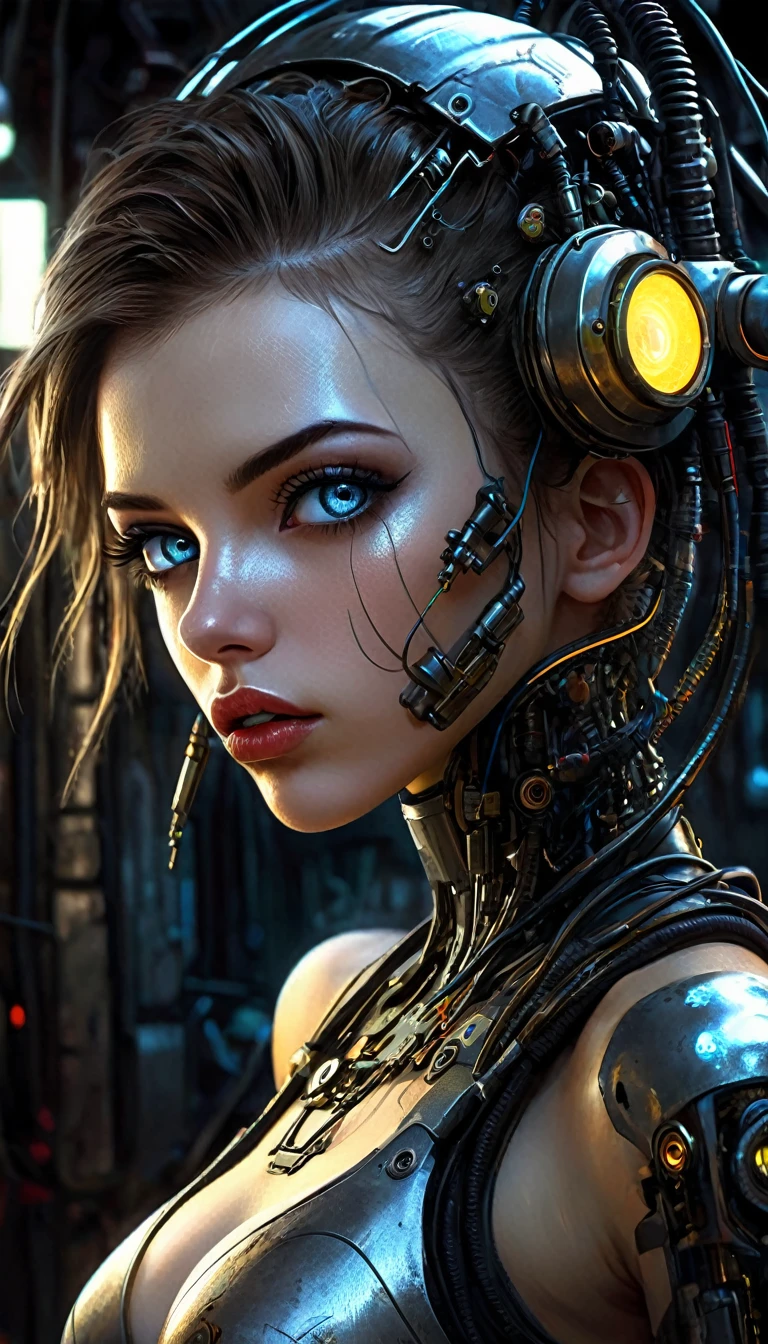 a cyborg girl, beautiful detailed eyes, beautiful detailed lips, extremely detailed face and eyes, intricate machinery and wiring, dark sci-fi cyberpunk setting, plugged into glowing machinery, overall gloomy and dystopian atmosphere, cinematic lighting and shadows, dramatic chiaroscuro, oil painted, detailed textures, high resolution, 8k, best quality, photorealistic, masterpiece