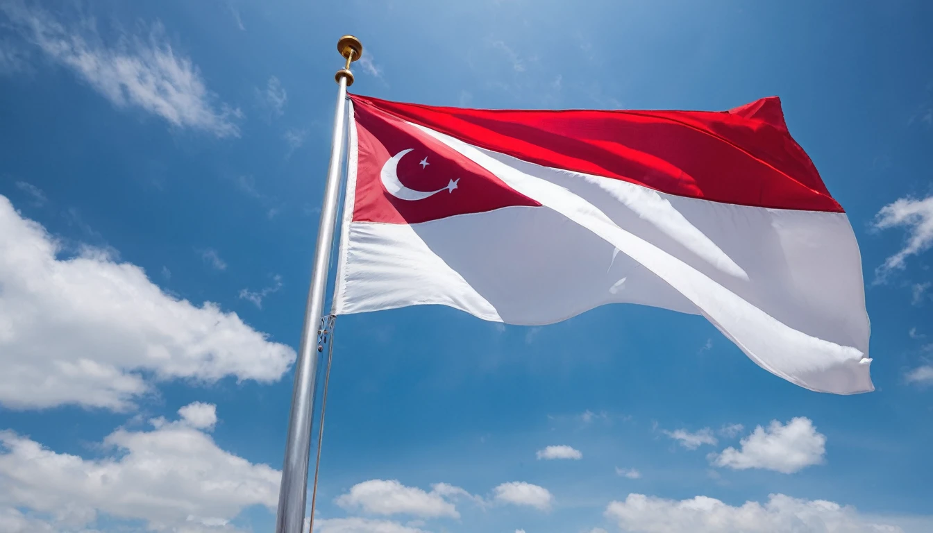 Photo of the flagpole with the Indonesian flag on it. The Indonesian flag flutters in the wind. The background is blue sky.