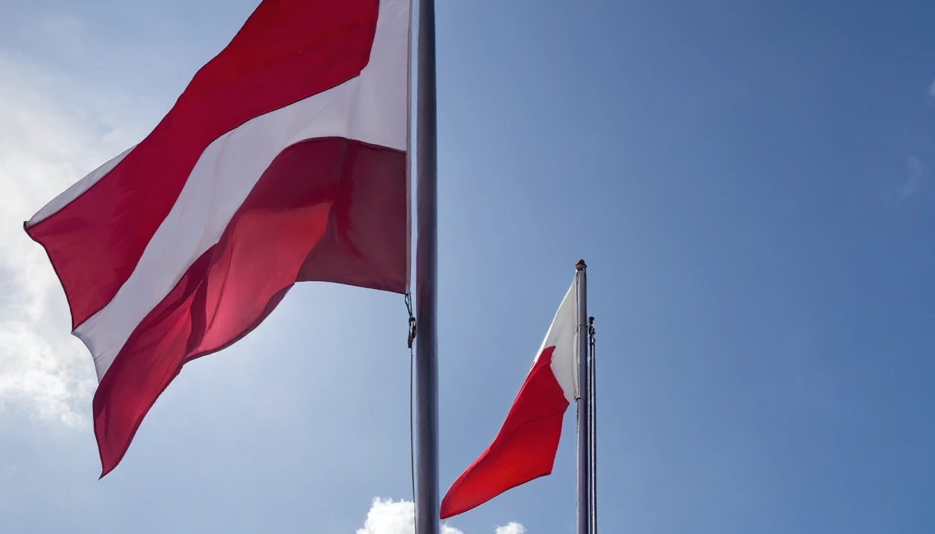 Photo of the flagpole with the Indonesian flag on it. The Indonesian flag flutters in the wind. The background is blue sky.