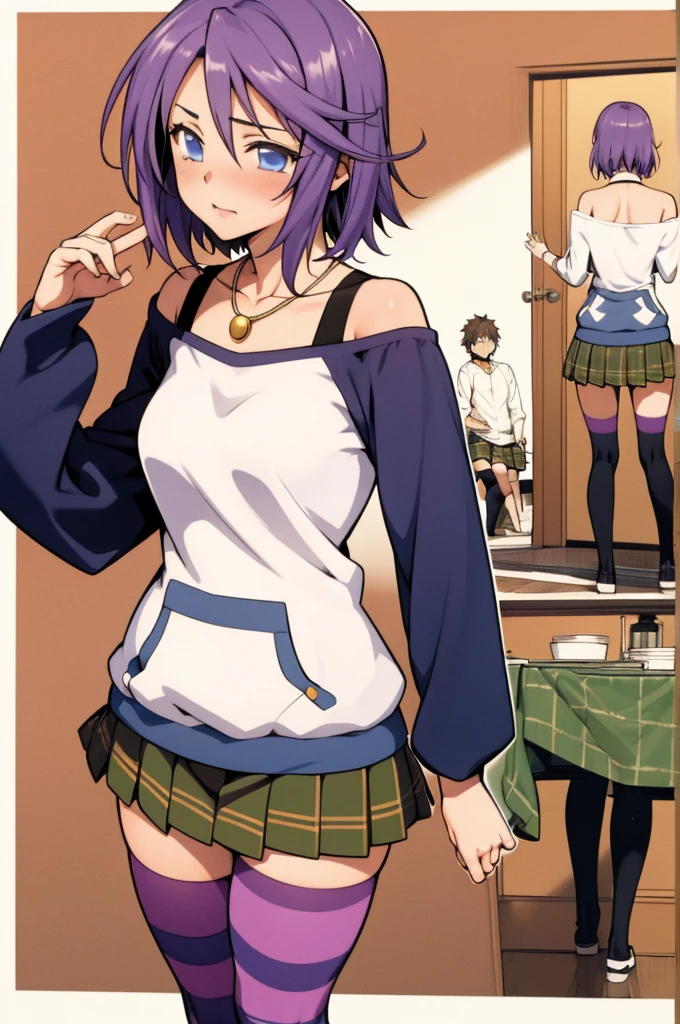 High Quality, Masterpiece, 1girl, Mizore Shirayuki, short hair, off-shoulder sweater, two-tone sweater, plaid skirt, pendant, striped thighhighs, purple thighhighs, 