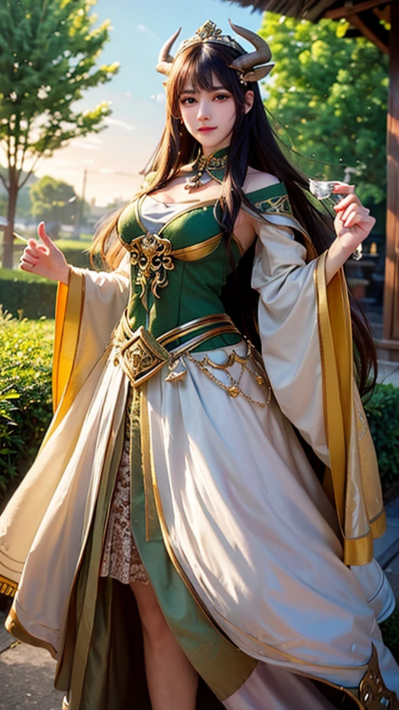 Create a female character that embodies the Taurus zodiac sign, making it immediately recognizable. She is a grounded and graceful figure with long, wavy brown hair and calm, earthy brown eyes. She has a sturdy, yet feminine build with a warm complexion. Dress her in attire that combines natural elements and modern fashion, featuring a green and brown color scheme. Include elements such as a floral crown, a staff with a bull's head, and jewelry with bull motifs. The background should include lush greenery and a strong bull to emphasize the Taurus symbolism. She should exude a sense of stability and beauty, representing the steadfast nature of Taurus.