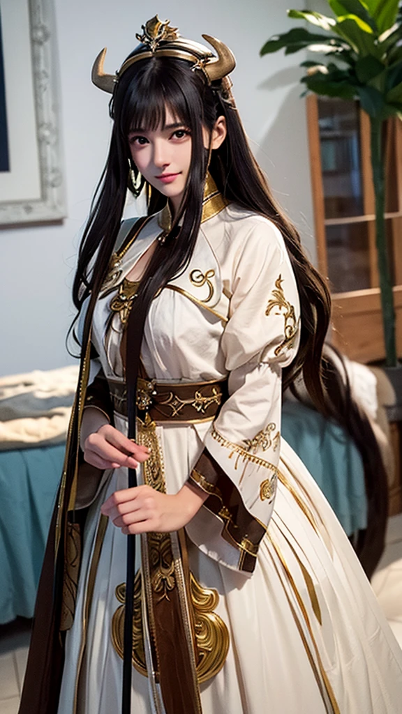 Create a female character that embodies the Taurus zodiac sign, making it immediately recognizable. She is a grounded and graceful figure with long, wavy brown hair and calm, earthy brown eyes. She has a sturdy, yet feminine build with a warm complexion. Dress her in attire that combines natural elements and modern fashion, featuring a green and brown color scheme. Include elements such as a floral crown, a staff with a bull's head, and jewelry with bull motifs. The background should include lush greenery and a strong bull to emphasize the Taurus symbolism. She should exude a sense of stability and beauty, representing the steadfast nature of Taurus.