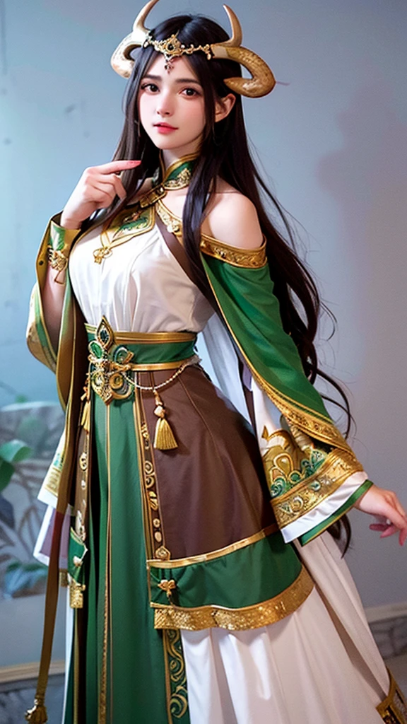 Create a female character that embodies the Taurus zodiac sign, making it immediately recognizable. She is a grounded and graceful figure with long, wavy brown hair and calm, earthy brown eyes. She has a sturdy, yet feminine build with a warm complexion. Dress her in attire that combines natural elements and modern fashion, featuring a green and brown color scheme. Include elements such as a floral crown, a staff with a bull's head, and jewelry with bull motifs. The background should include lush greenery and a strong bull to emphasize the Taurus symbolism. She should exude a sense of stability and beauty, representing the steadfast nature of Taurus.
