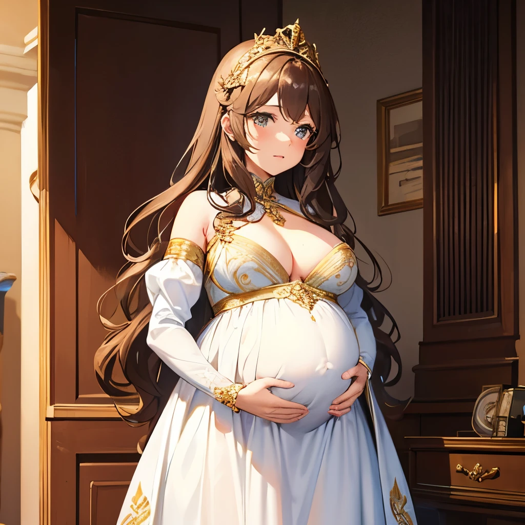 Beautiful pregnant queen, wavy brown hair, ornate white and blue dress with gold details, cleavage 