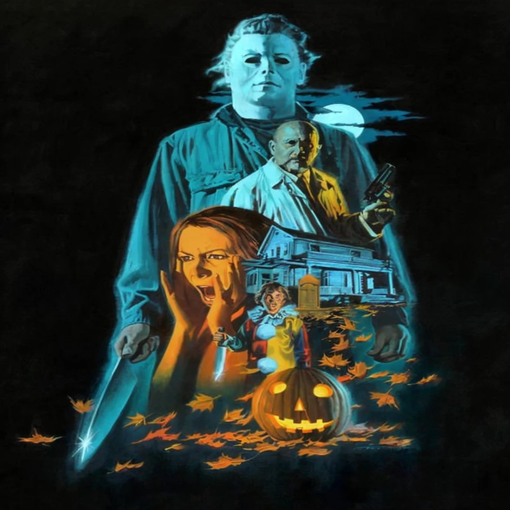 a poster for a horror movie with a woman and a man, halloween film, michael myers, movie artwork, horror movie poster art, detailed 4k horror artwork, horror artwork, elegant horror artwork, movie promotional art, by John Carpenter, movie poster art, horror poster, inspired by Jason Edmiston, by Clark Voorhees, movie poster painting