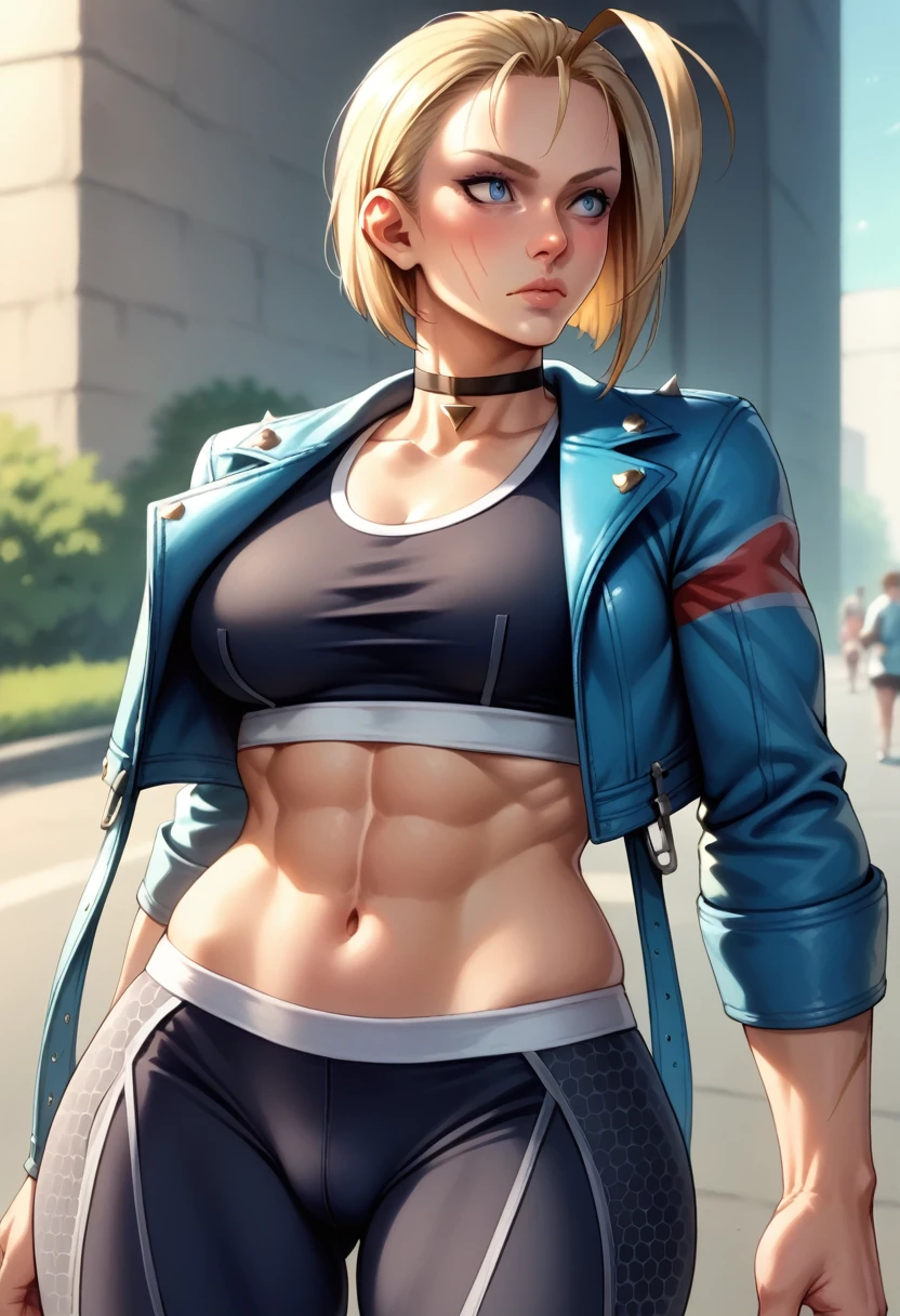 score_9, score_8_up, score_7_up, BREAK, score_9, cammySDXL, 1girl, solo, breasts, short hair, blue eyes, blonde hair, navel, medium breasts, jacket, open clothes, choker, midriff, pants, open jacket, lips, crop top, black choker, scar, abs, antenna hair, blue jacket, scar on face, forehead, cropped jacket, toned, sports bra, nose, tight, tight pants, yoga pants, black sports bra, denim jacket, cowboy shot,outdoors