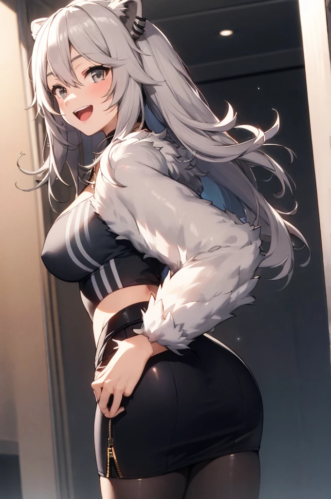 1girl, solo, indoor, big breasts, smile, Botan, BotanOutfit, fur-trimmed, jacket, long hair ,pencil skirt,pantyhose,open mouth,