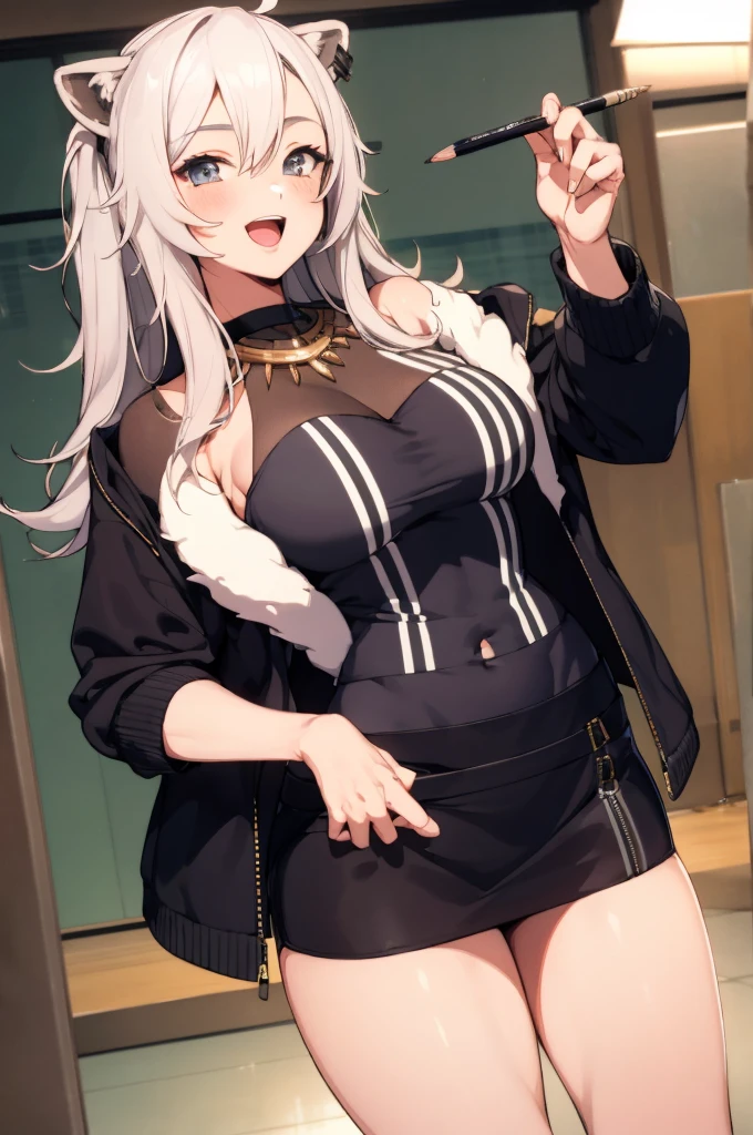 1girl, solo, indoor, big breasts, smile, Botan, BotanOutfit, fur-trimmed, jacket, long hair ,pencil skirt,pantyhose,open mouth,