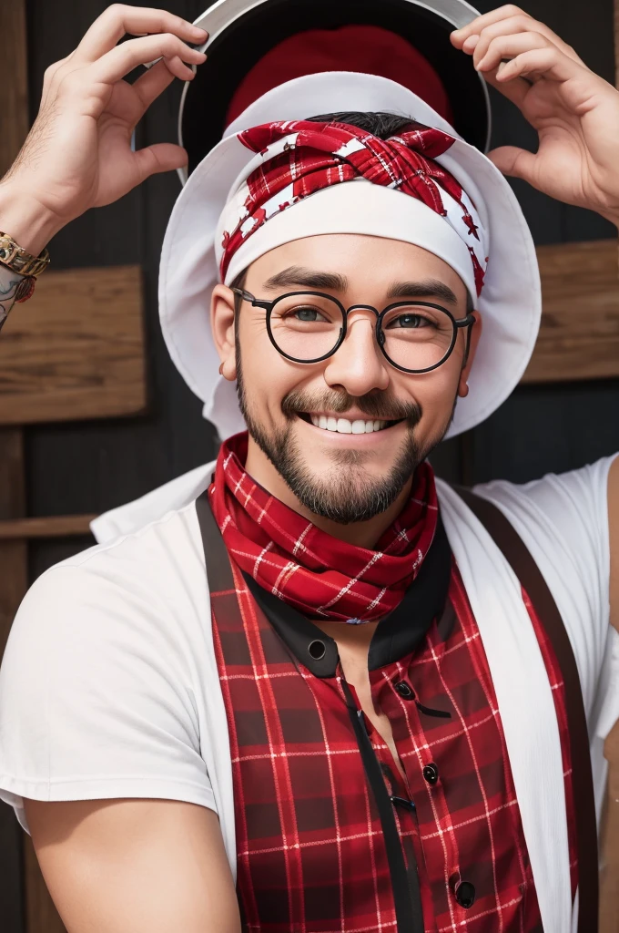 man, white earflaps with a star, black vest, red plaid shirt, lenses red round glasses, white bandana with red smile