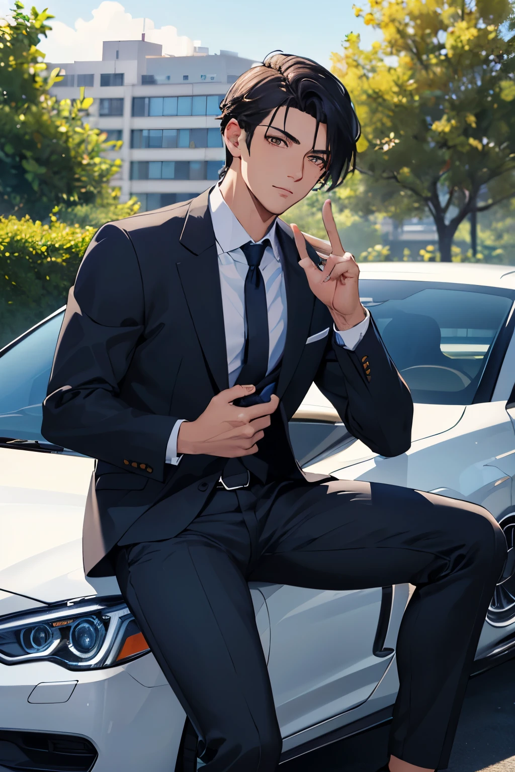 ((best quality)), ((masterpiece)), (detailed) sweet expression , handsome mafia man sitting in car admiring outside