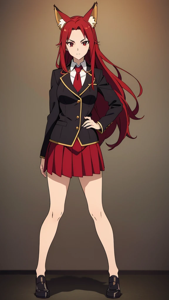 ((beautiful face)),1girl ,20s,mature female,(red hair),long hair,red eyes,fox ears,(simple backfround),serious,necktie,black jacket, blazer,long sleeves,pleated skirt,full body